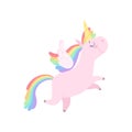 Lovely unicorn flying with wings, cute fantasy animal character with rainbow hair vector Illustration on a white Royalty Free Stock Photo