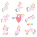 Lovely unicorn set, cute fantasy animal character with rainbow hair vector Illustrations on a white background