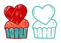 Lovely VDay cupcake, contour illustration, colored with scribbles. Simple line art cupcake with heart decor