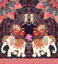 Lovely vector illustration for kid with cheerful monkey, cute cartoon elephants, fairy peacocks and paisley border.