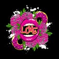 Lovely vector illustration with lips, love, donuts, roses and color splashes. Royalty Free Stock Photo