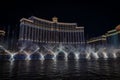 Lovely view of fountains around a lake in downtown Las Vegas on a dark night