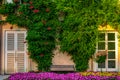 Lovely vintage home entrance surrounded by flowers