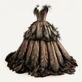 Lovely vintage retro long ball gown with ostrich feather trim isolated on white