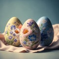 Lovely, vintage still life with colorful pastel Easter eggs decorated with floral ornaments