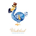 Lovely watercolor illustration with cute Dodo bird with cylinder hat.