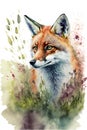 Beautiful watercolor with a red fox and flowers, abstract nature green background. Royalty Free Stock Photo