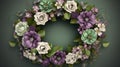 A lovely wedding frame adorned with a green and purple flower wreath