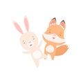 Lovely White Little Bunny and Fox Cub Happily Jumping, Cute Best Friends, Adorable Rabbit and Pup Cartoon Characters