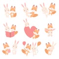 Lovely White Little Bunny and Fox Cub Having Fun Together Set, Cute Best Friends, Adorable Rabbit and Pup Cartoon