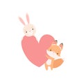 Lovely White Little Bunny and Fox Cub Holding Big Red Heart, Cute Best Friends, Adorable Rabbit and Pup Cartoon