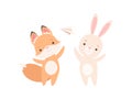 Lovely White Little Bunny and Fox Cub Playing with Paper Plane, Cute Best Friends, Adorable Rabbit and Pup Cartoon