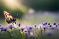 lovely wildflowers nature macro close-up of chamomile, purple wild peas, and butterfly in morning haze. Royalty Free Stock Photo