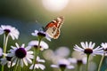 lovely wildflowers nature macro close-up of chamomile, purple wild peas, and butterfly in morning haze. Royalty Free Stock Photo