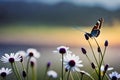 lovely wildflowers nature macro close-up of chamomile, purple wild peas, and butterfly in morning haze. Royalty Free Stock Photo