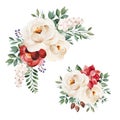 2 lovely winter bouquets with leaves,branches,flowers,berries,holly,poinsettia