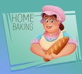 Lovely woman baker with baguette. Vector illustration.