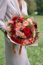 Lovely woman holding a beautiful autumn bouquet. flower arrangement with carnations and red garden roses. Color pink Royalty Free Stock Photo