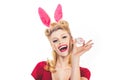 Lovely woman in rabbit costume. Lovely woman in rabbit costume. Hunting eggs. Pretty girl hunts for Easter eggs. Sweet