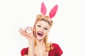 Lovely woman in rabbit costume. Lovely woman in rabbit costume. Hunting eggs. Pretty girl hunts for Easter eggs. Sweet