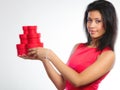 Lovely woman with red heart shaped gift box Royalty Free Stock Photo