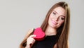 Lovely woman with red heart shaped gift box Royalty Free Stock Photo