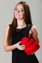 Lovely woman with red heart shaped gift boxes Royalty Free Stock Photo