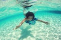 Lovely woman wearing dress and swimming in the oce