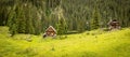 Lovely wooden cottages stand near a pine forest covered mountain in the tranquil Julian Alps. Royalty Free Stock Photo