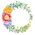 Lovely wreath with peony, rose, leaves, flowers, branches and berries. Royalty Free Stock Photo