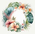 Lovely wreath of tropical flowers on soft light background. Generative AI.