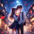 A lovely young anime couple in love-struck, on moonlit street, with heart-shaped graffiti in the wake, starry sky, love scene