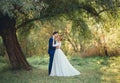Lovely young couple hugging on a lawn under a tree. bride with blonde hair in a long white gorgeous wedding dress next