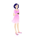 Lovely young girl standing with a camera. Cartoon vector character isolated on white background. Pink transparent dress and a Royalty Free Stock Photo
