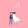 Lovely young joyful couple hug on pink background, Couple in love concept.