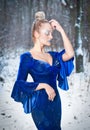 Lovely young lady in elegant blue dress posing in winter scenery, royal look. Fashionable blonde woman with forest in background