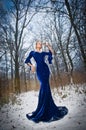 Lovely young lady in elegant blue dress posing in winter scenery, royal look. Fashionable blonde woman with forest in background