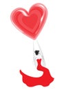 Lovely young lady in a red dress. A girl sits on a swing and flies on a balloon in the shape of a heart. Vector illustration