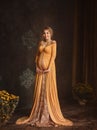 Lovely young pregnant woman in a beautiful dress