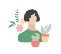 Lovely young woman with her occupations objects plants and domestic flowers .