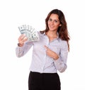 Lovely young woman holding cash dollars Royalty Free Stock Photo