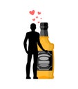 Lover alcohol drink. Man and bottle of whiskey embrace. Lovers c Royalty Free Stock Photo