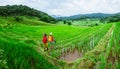 Lover asian men asian women travel nature Travel relax Walking a photo on the rice field in rainy season in Chiang Mai, Thailand Royalty Free Stock Photo