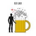 Lover beer. Infatuated with foamy drink. Man and beer mug. Lover