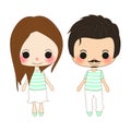 Lover Chibi Style. Cute Woman and Mustache Man in Couple Shirt.