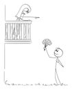Lover Confessing Love To Girl on Balcony, She Refuse , Vector Cartoon Stick Figure Illustration