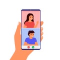 Lover couple meet distance in video call online on smartphone. Remote communicate man and woman by internet from home