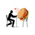 Lover fast food. Man and hamburger in cafe. Guy and Burger. Love