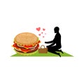 Lover fast food. Man and hamburger on picnic. Guy and Burger. Me