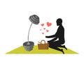 Lover Fitness. Man and barbell On picnic. Basket and picnic blanket. Lovers sport. Always together. I love bodybuilding